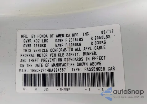 2017 Honda Accord Sport Se z USA, uszkodzony, nr VIN 1HGCR2F14HA294587